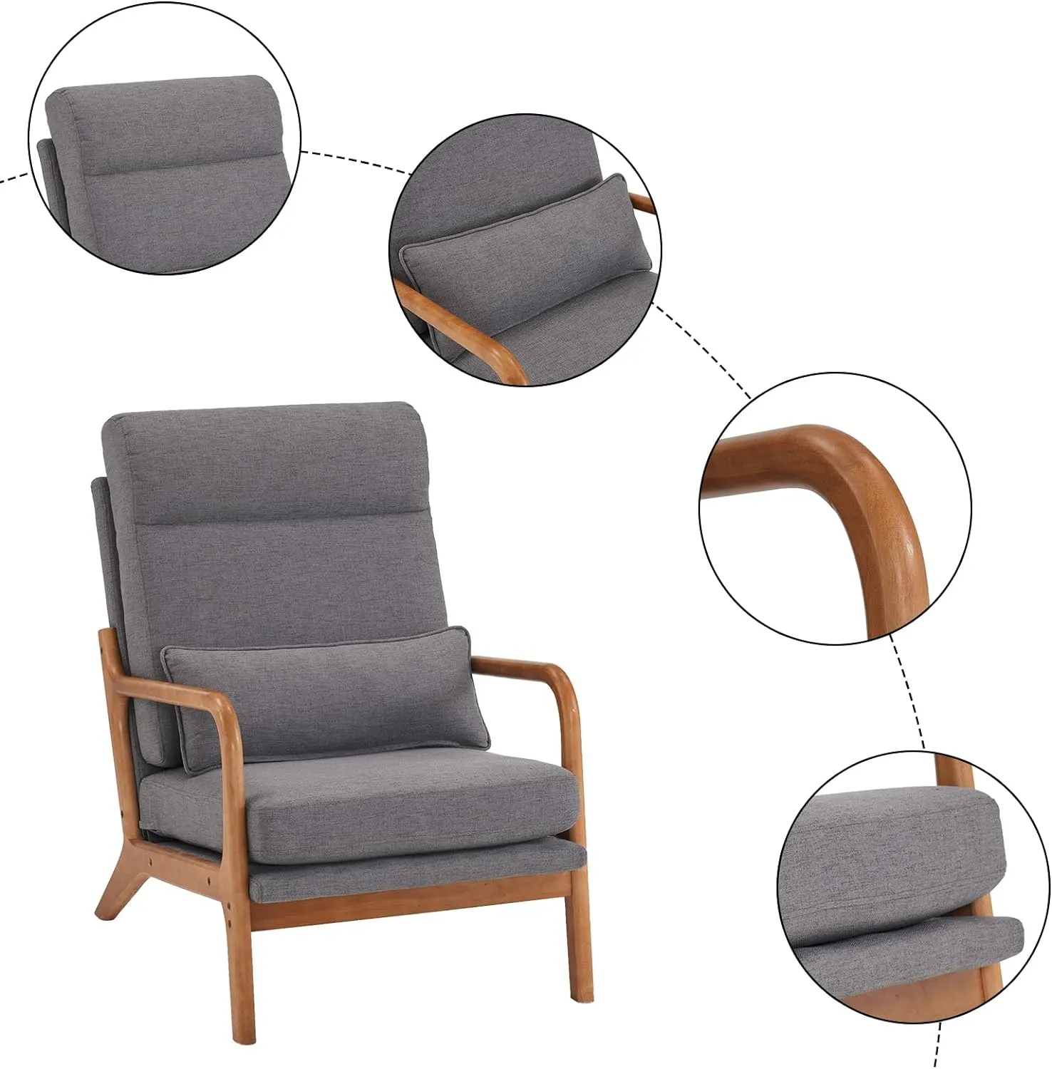 Bonnlo High Back Linen Dark Grey Mid Century Modern Accent Chair, Soild Wood Padding Lounge Armchairs Side Sitting Chairs for Living Room, Bedroom, Guest Room