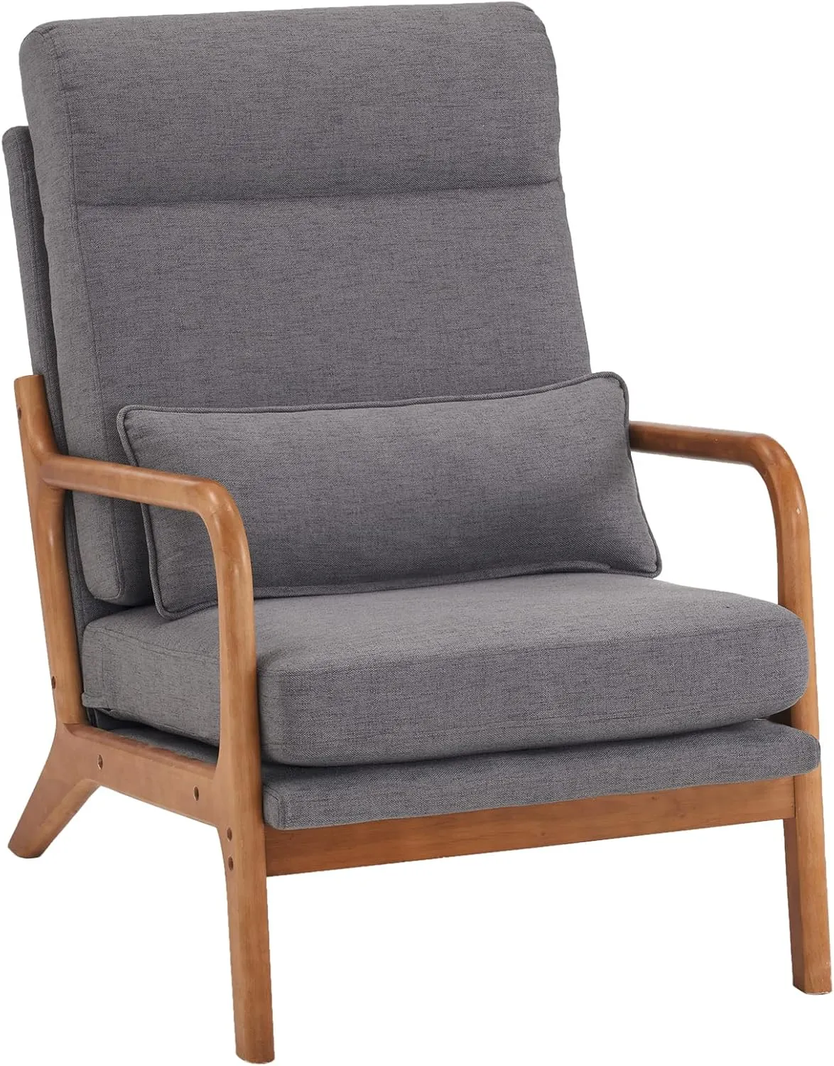 Bonnlo High Back Linen Dark Grey Mid Century Modern Accent Chair, Soild Wood Padding Lounge Armchairs Side Sitting Chairs for Living Room, Bedroom, Guest Room