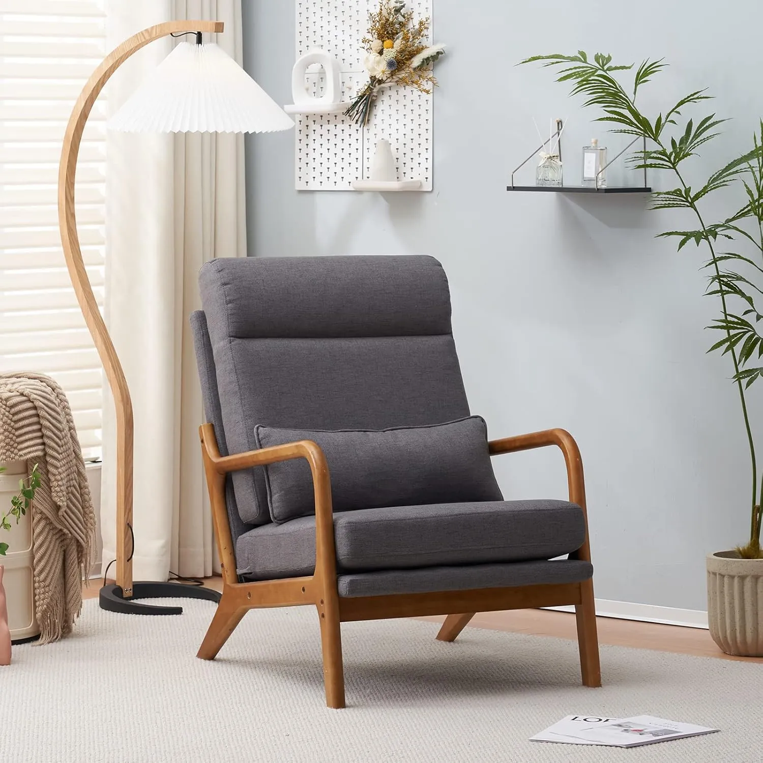 Bonnlo High Back Linen Dark Grey Mid Century Modern Accent Chair, Soild Wood Padding Lounge Armchairs Side Sitting Chairs for Living Room, Bedroom, Guest Room