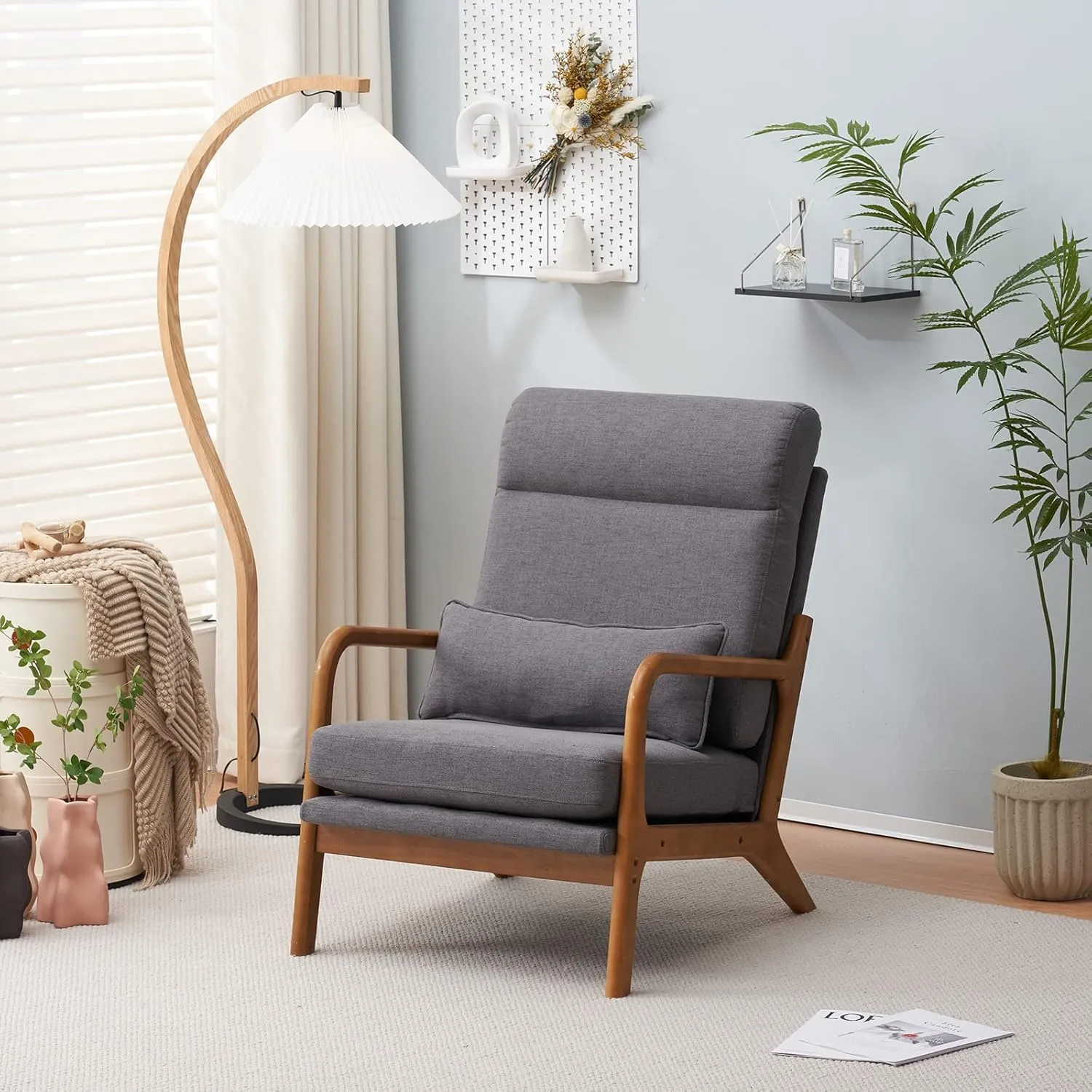 Bonnlo High Back Linen Dark Grey Mid Century Modern Accent Chair, Soild Wood Padding Lounge Armchairs Side Sitting Chairs for Living Room, Bedroom, Guest Room