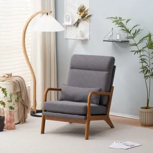 Bonnlo High Back Linen Dark Grey Mid Century Modern Accent Chair, Soild Wood Padding Lounge Armchairs Side Sitting Chairs for Living Room, Bedroom, Guest Room