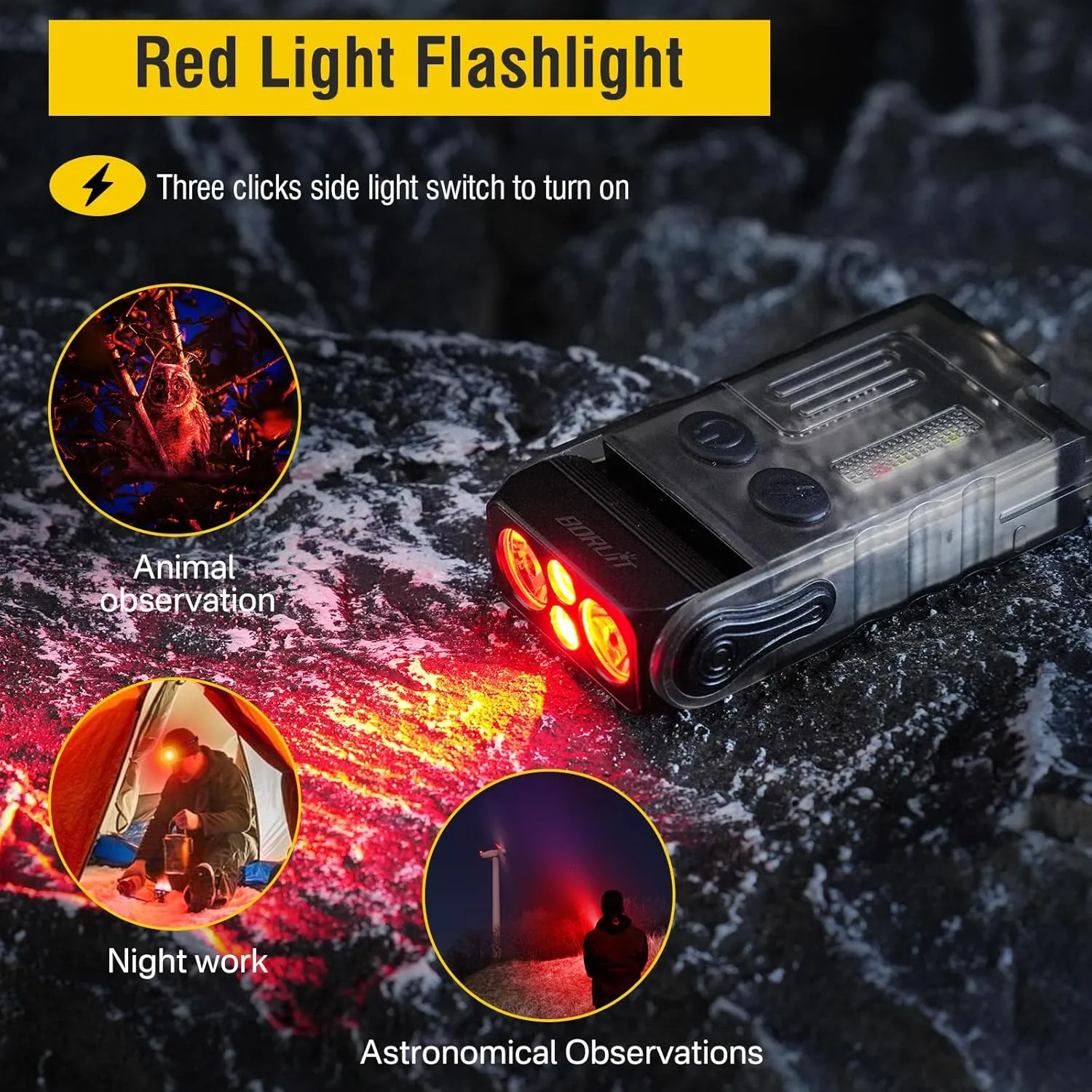 BORUIT V20 Small Powerful Flashlight Super Bright with Red Blue Warm Light, 180° Head Swivels 110dB Buzzer - Mini Keychain Pocket Rechargeable LED Flashlights USB EDC Clip Flash Light