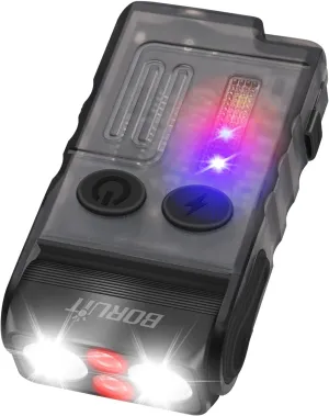 BORUIT V20 Small Powerful Flashlight Super Bright with Red Blue Warm Light, 180° Head Swivels 110dB Buzzer - Mini Keychain Pocket Rechargeable LED Flashlights USB EDC Clip Flash Light