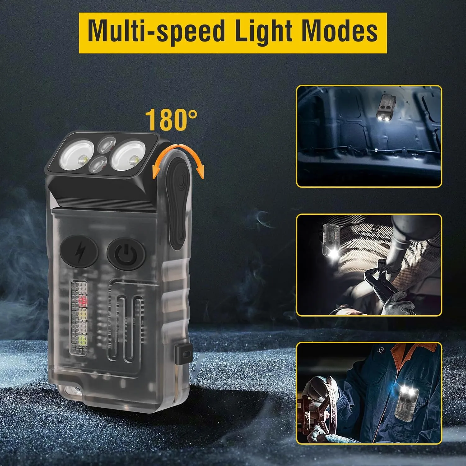 BORUIT V20 Small Powerful Flashlight Super Bright with Red Blue Warm Light, 180° Head Swivels 110dB Buzzer - Mini Keychain Pocket Rechargeable LED Flashlights USB EDC Clip Flash Light