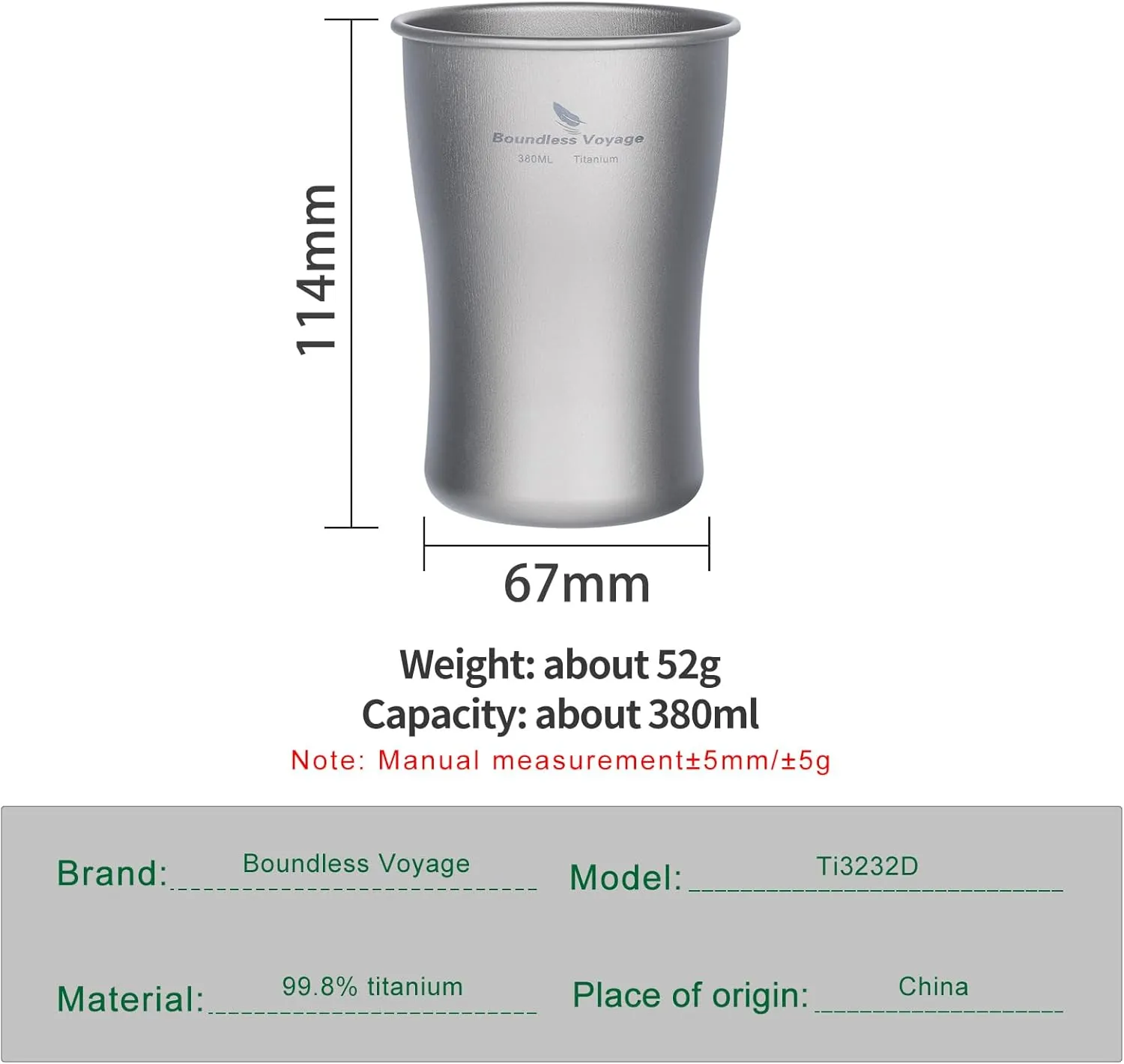 Boundless Voyage Titanium Beer Cups Ultralight Coffee Tea Juicy Mugs for Outdoor Camping Picnic 240ml 380ml 600ml (380ml)
