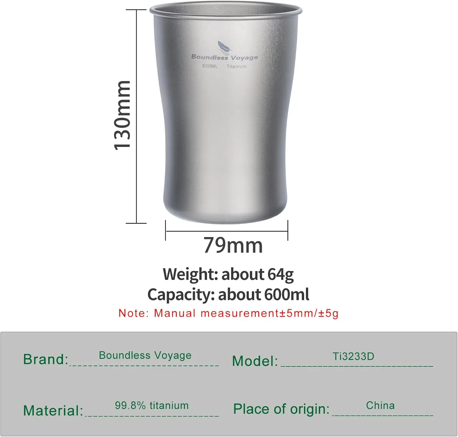 Boundless Voyage Titanium Beer Cups Ultralight Coffee Tea Juicy Mugs for Outdoor Camping Picnic 240ml 380ml 600ml (600ml)