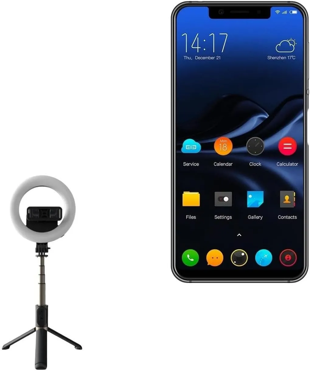 BoxWave Stand and Mount Compatible with Elephone S9 - RingLight SelfiePod, Selfie Stick Extendable Arm with Ring Light - Jet Black