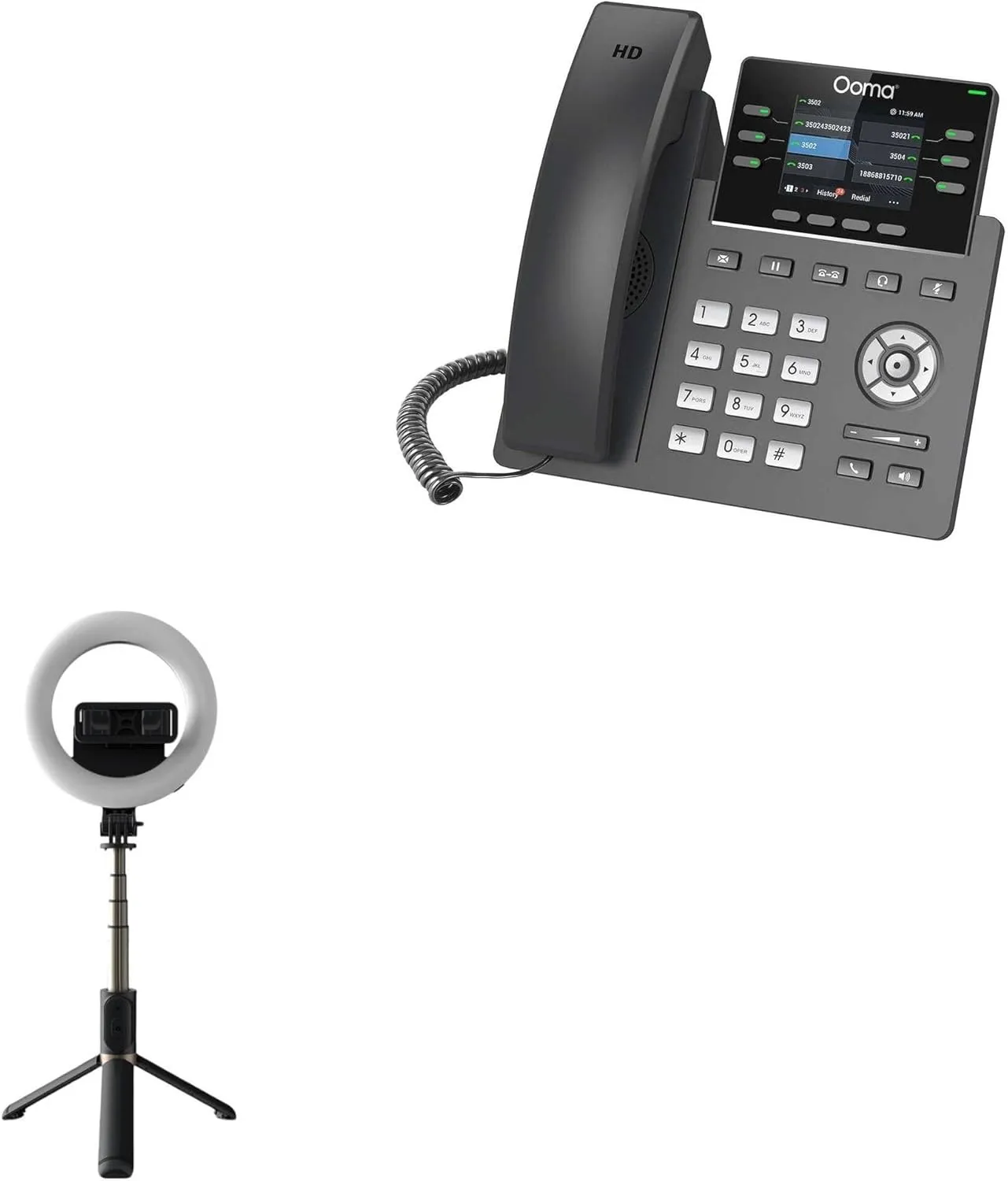 BoxWave Stand and Mount Compatible with Ooma 2613 IP Phone - RingLight SelfiePod, Selfie Stick Extendable Arm with Ring Light - Jet Black