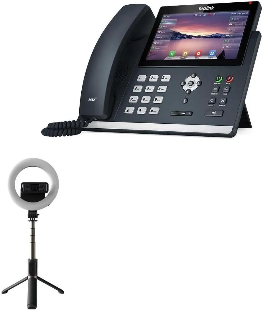 BoxWave Stand and Mount Compatible with Ooma YeaLink T48U - RingLight SelfiePod, Selfie Stick Extendable Arm with Ring Light - Jet Black