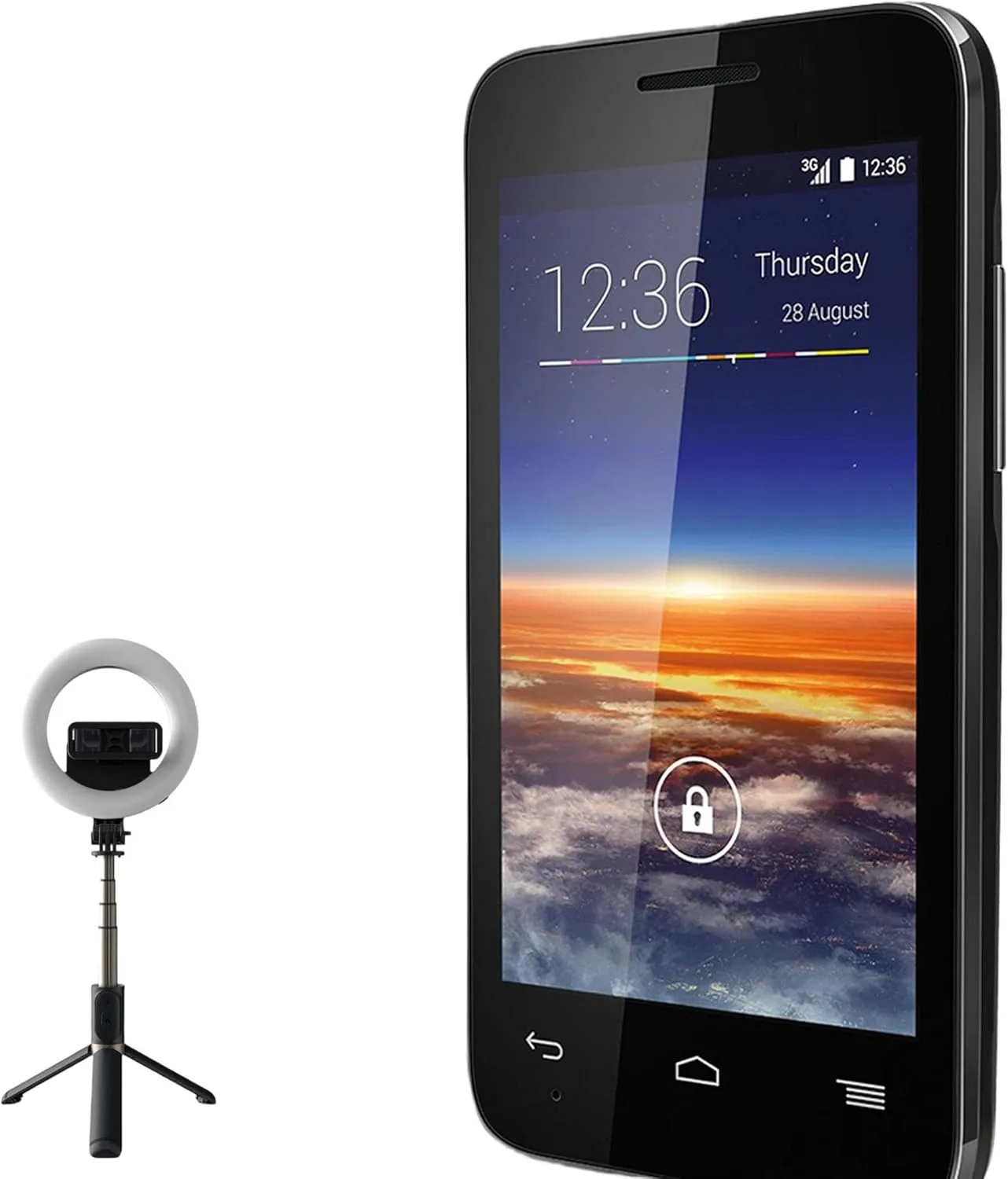 BoxWave Stand and Mount Compatible with Vodafone Smart First 6 - RingLight SelfiePod, Selfie Stick Extendable Arm with Ring Light - Jet Black