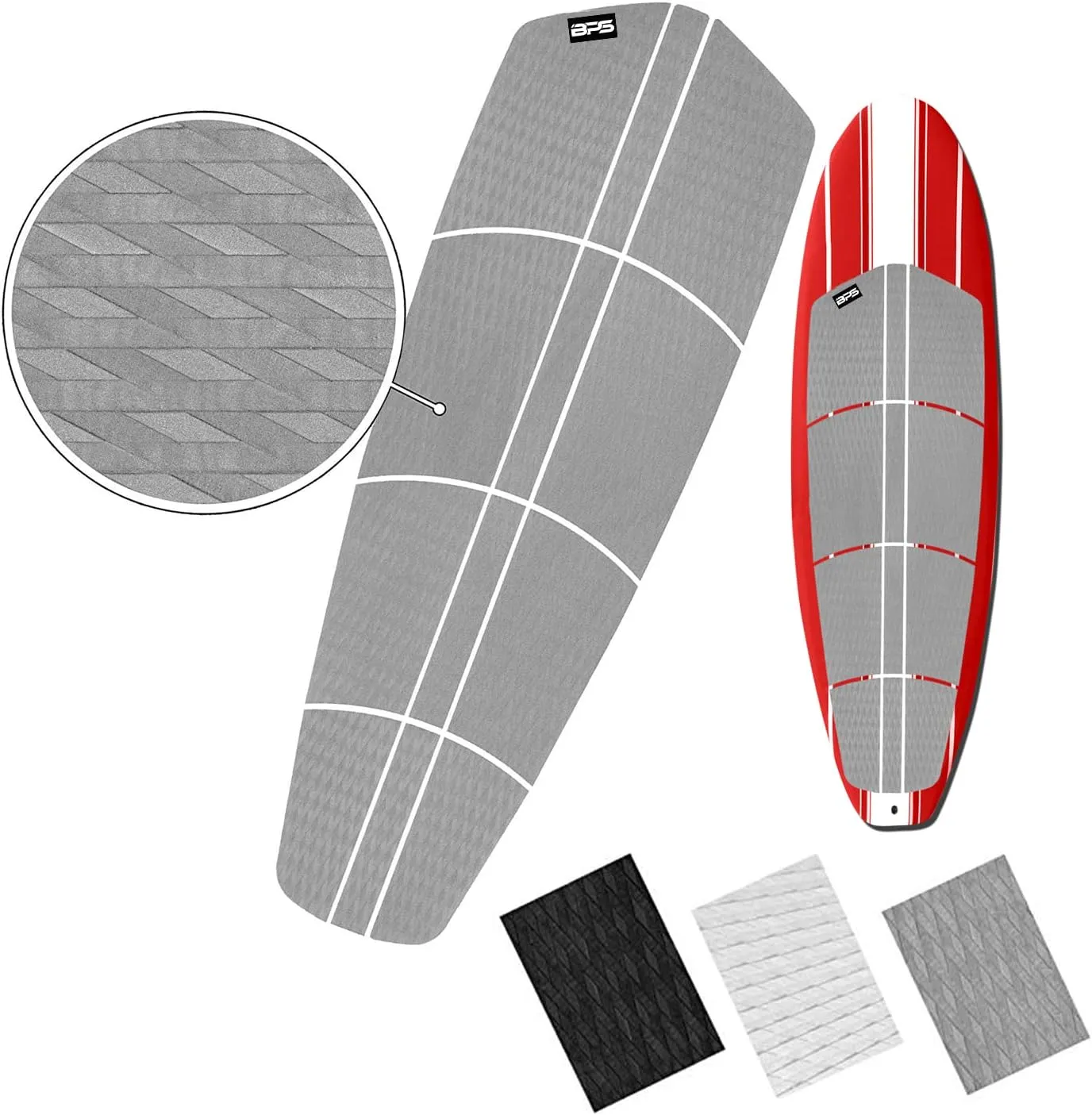 BPS 12 Piece 8 Piece Premium EVA Foam Surfboard Traction Pad Non-Slip Trimmable Deck Sheet 3M Adhesive for Longboard SUP Paddleboard Surfboard White, Black, Grey