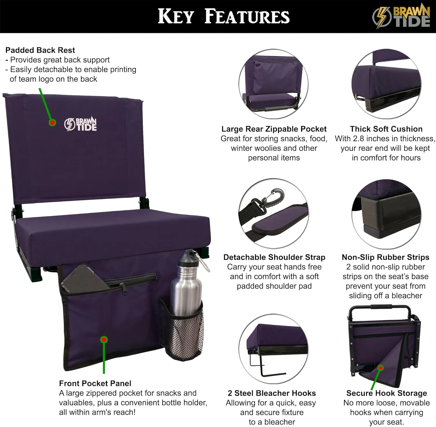 BRAWNTIDE Wide Stadium Seat - Extra Thick Cushion, Great Back Support, Lightweight Chair, Multiple Storage Pockets, Compact, Ideal for Sporting Events