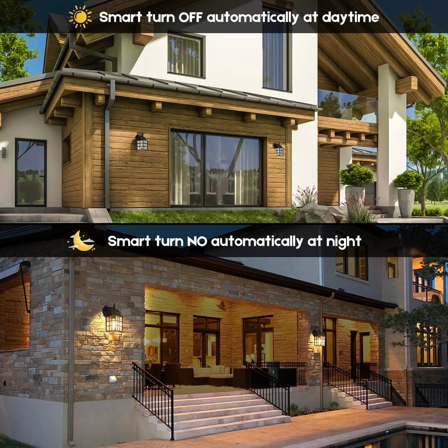 Brightever 2-Pack Dusk to Dawn Outdoor Wall Lantern, Exterior Light Fixtures with Photocell Sensor, Black Wall Light Waterproof, Waterfall Glass Outside Wall Sconce for Porch House Garage