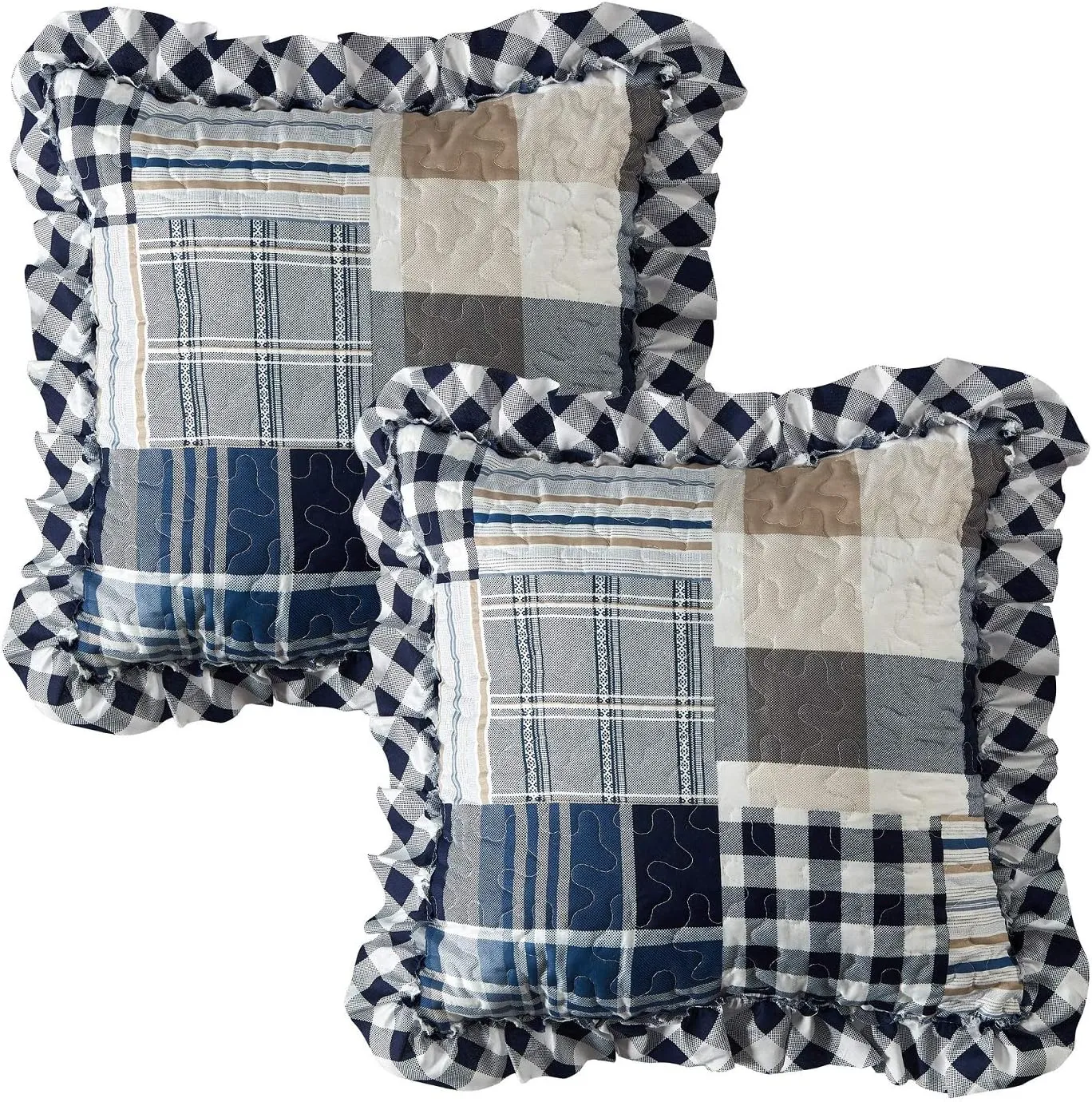 Brilliant Sunshine Blue Plaids and Stripes Patchwork Ruffle Pillowshams, Quilted Decorative Pillow Covers Set, Square Throw Cushion Cases for Couch, Reclining Chair, Bed, 18x18, Pack of 2, Blue