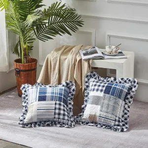 Brilliant Sunshine Blue Plaids and Stripes Patchwork Ruffle Pillowshams, Quilted Decorative Pillow Covers Set, Square Throw Cushion Cases for Couch, Reclining Chair, Bed, 18x18, Pack of 2, Blue