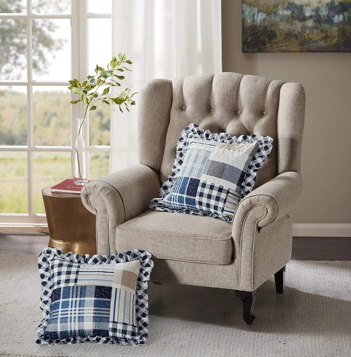Brilliant Sunshine Blue Plaids and Stripes Patchwork Ruffle Pillowshams, Quilted Decorative Pillow Covers Set, Square Throw Cushion Cases for Couch, Reclining Chair, Bed, 18x18, Pack of 2, Blue