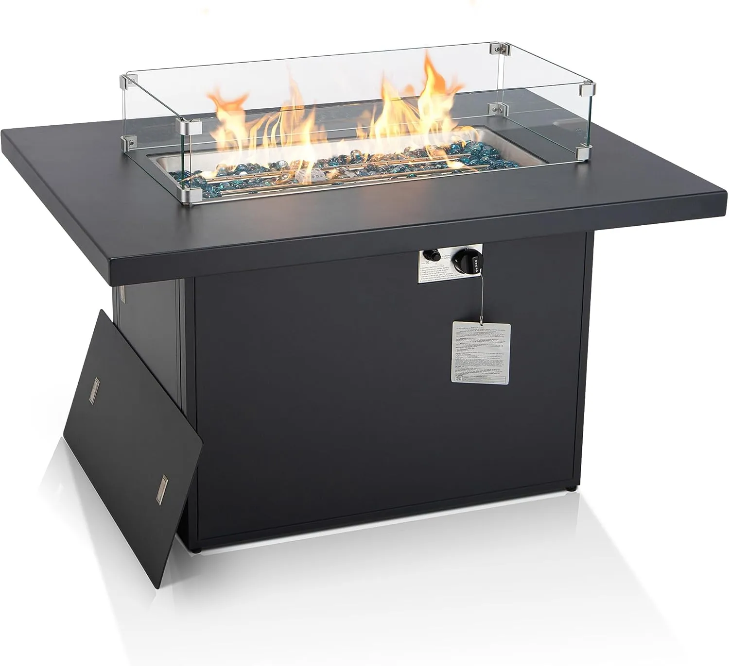 BULEXYARD Aluminum 43" Patio Outdoor Propane Fire Pit Table with Waterproof Cover 60,000 BTU Auto-Ignition Gas Fire Pit Table with 8mm Tempered Glass Table Top and Glass Stone (Dark Grey)