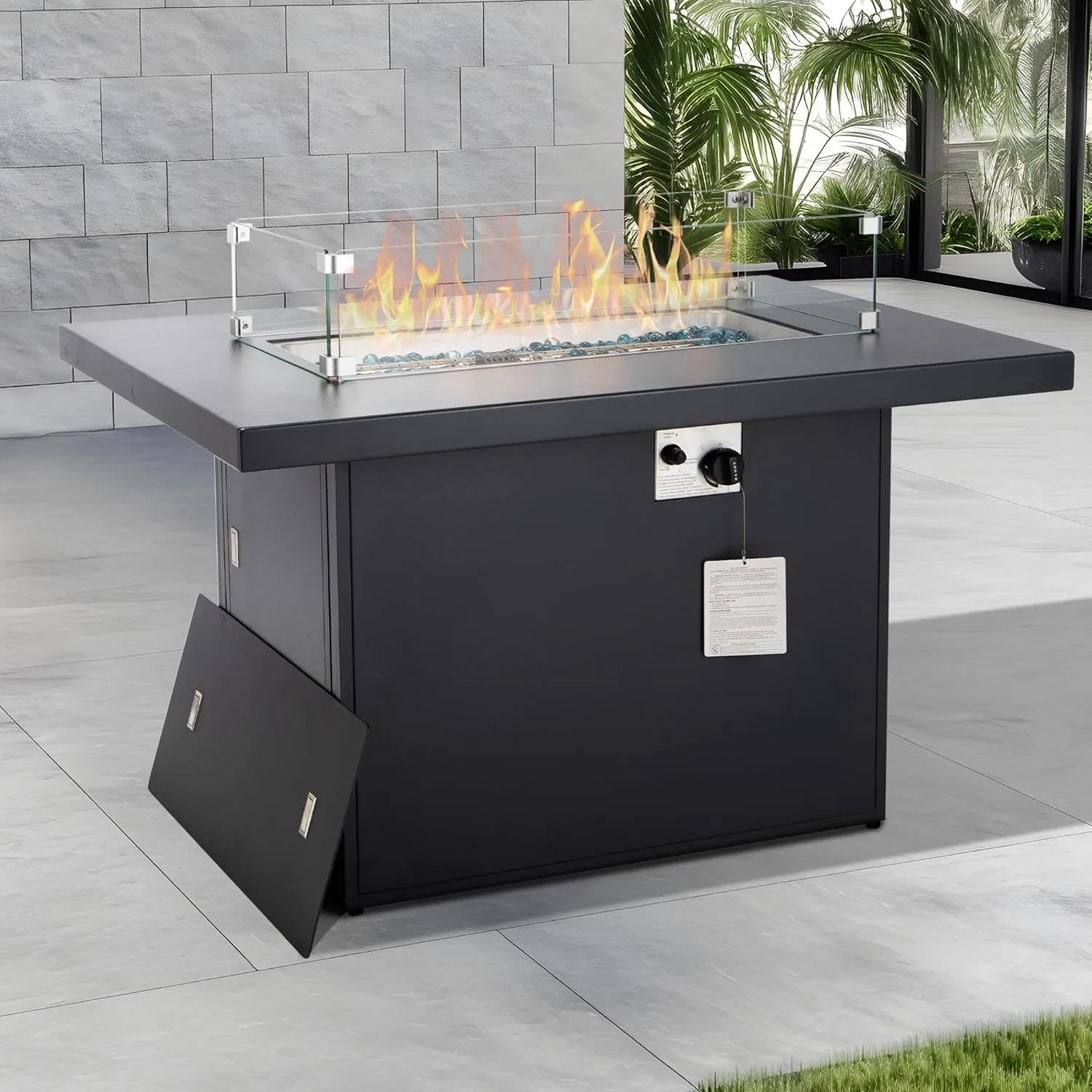 BULEXYARD Aluminum 43" Patio Outdoor Propane Fire Pit Table with Waterproof Cover 60,000 BTU Auto-Ignition Gas Fire Pit Table with 8mm Tempered Glass Table Top and Glass Stone (Dark Grey)