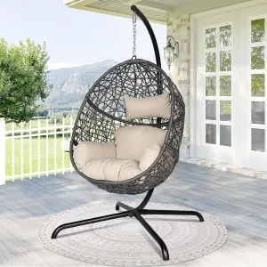 BULEXYARD Oversized Hanging Egg Chair with Stand 450LBS Capacity, Indoor/Outdoor Grey Wicker Bird Cage Swing Chair, Patio Hammock Egg-Shaped Chair with Beige Cushion for Balcony, Porch