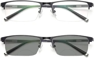 Business Casual Men's Ultralight Metal Square Half-frame Bifocal Transition Grayed Lens Presbyopic Reading Glasses