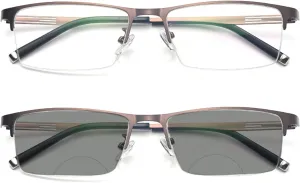 Business Casual Men's Ultralight Metal Square Half-frame Bifocal Transition Grayed Lens Presbyopic Reading Glasses