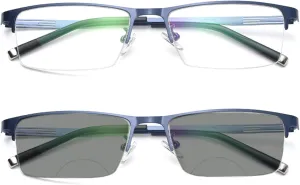 Business Casual Men's Ultralight Metal Square Half-frame Bifocal Transition Grayed Lens Presbyopic Reading Glasses