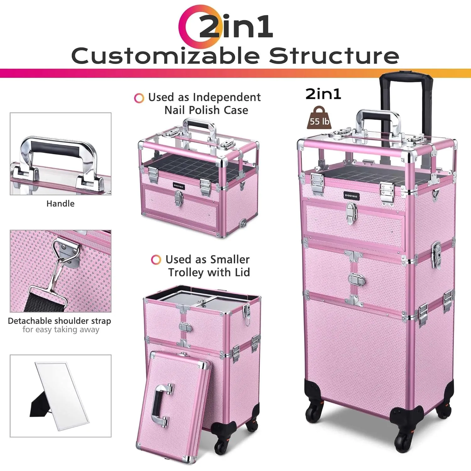 BYOOTIQUE 2in1 Nail Polish Organizer Rolling Makeup Train Case Manicure Cosmetic Trolley Travel Organizer Nail Case with Clear Lid Extendable Trays 4 removable wheels 54 Slots