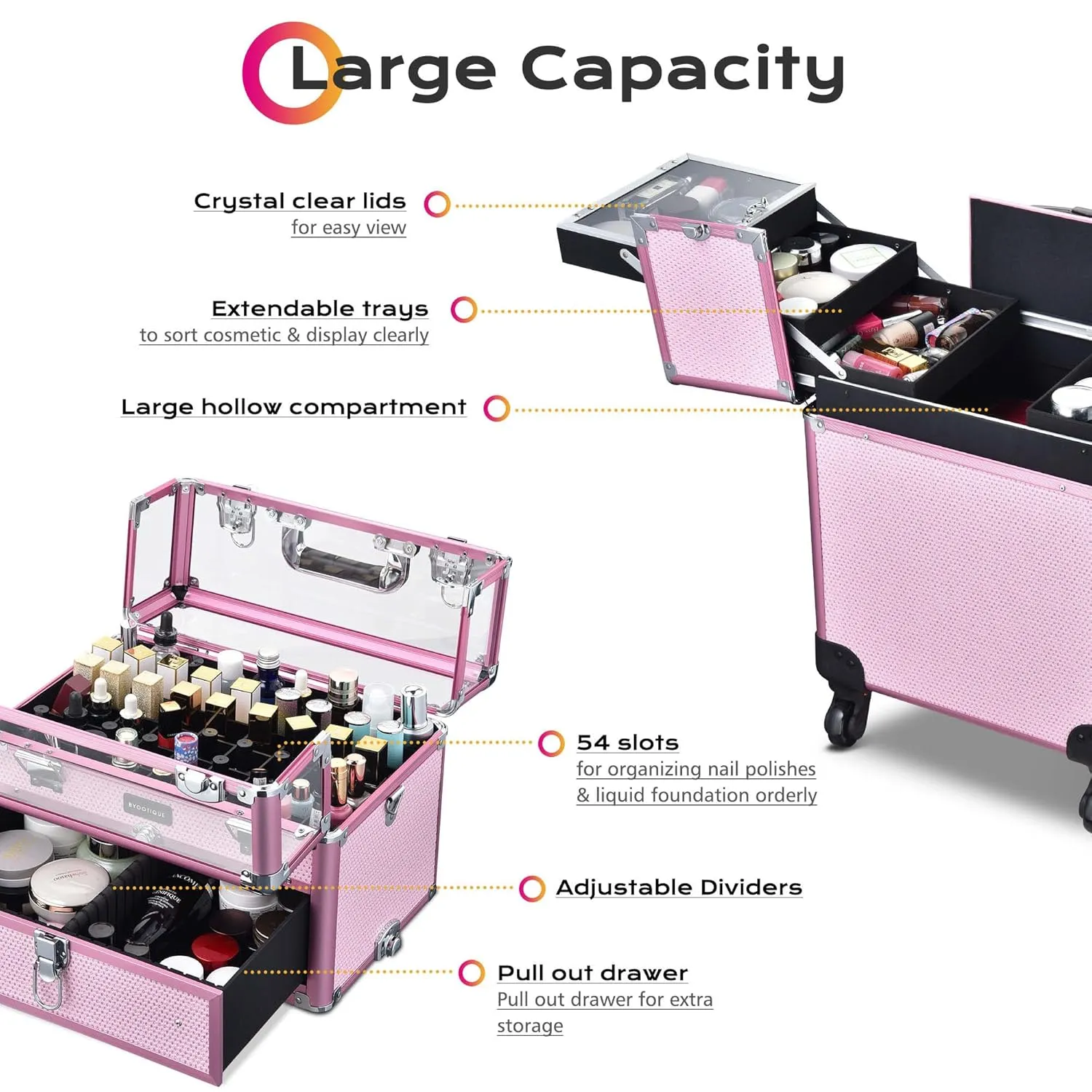 BYOOTIQUE 2in1 Nail Polish Organizer Rolling Makeup Train Case Manicure Cosmetic Trolley Travel Organizer Nail Case with Clear Lid Extendable Trays 4 removable wheels 54 Slots