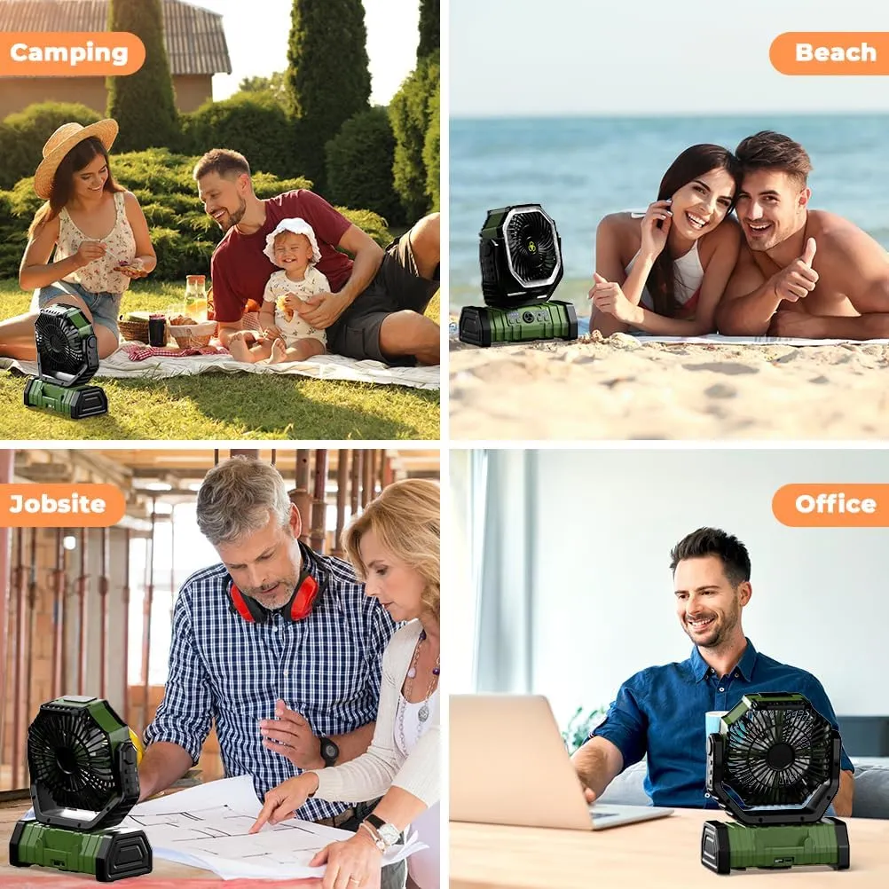 Camping Fan - 20000mAh Battery Powered Fan Rechargeable with LED Lantern - Portable Outdoor Tent Fan with Hanging Hook 4 Speeds Wind Remote Control