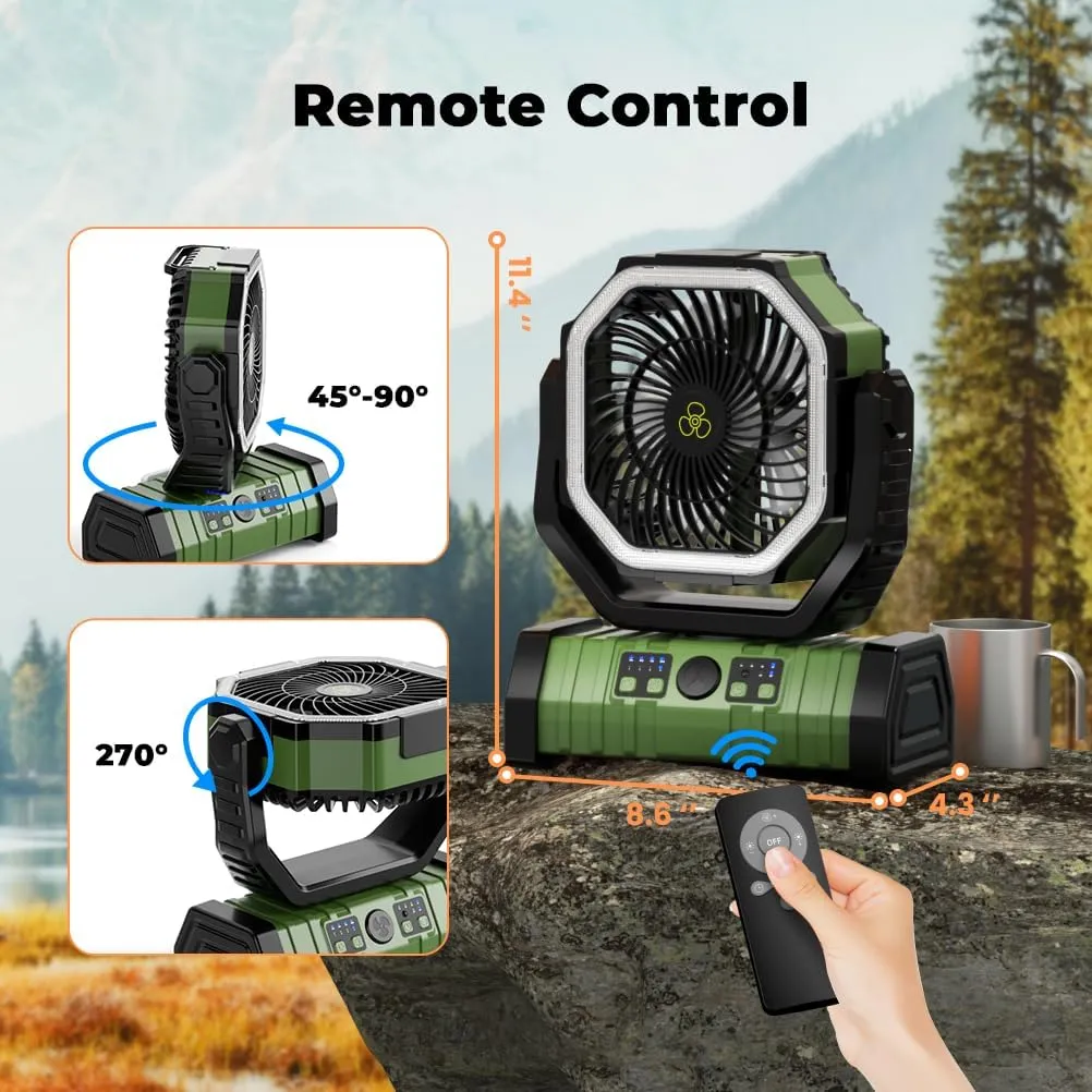 Camping Fan - 20000mAh Battery Powered Fan Rechargeable with LED Lantern - Portable Outdoor Tent Fan with Hanging Hook 4 Speeds Wind Remote Control