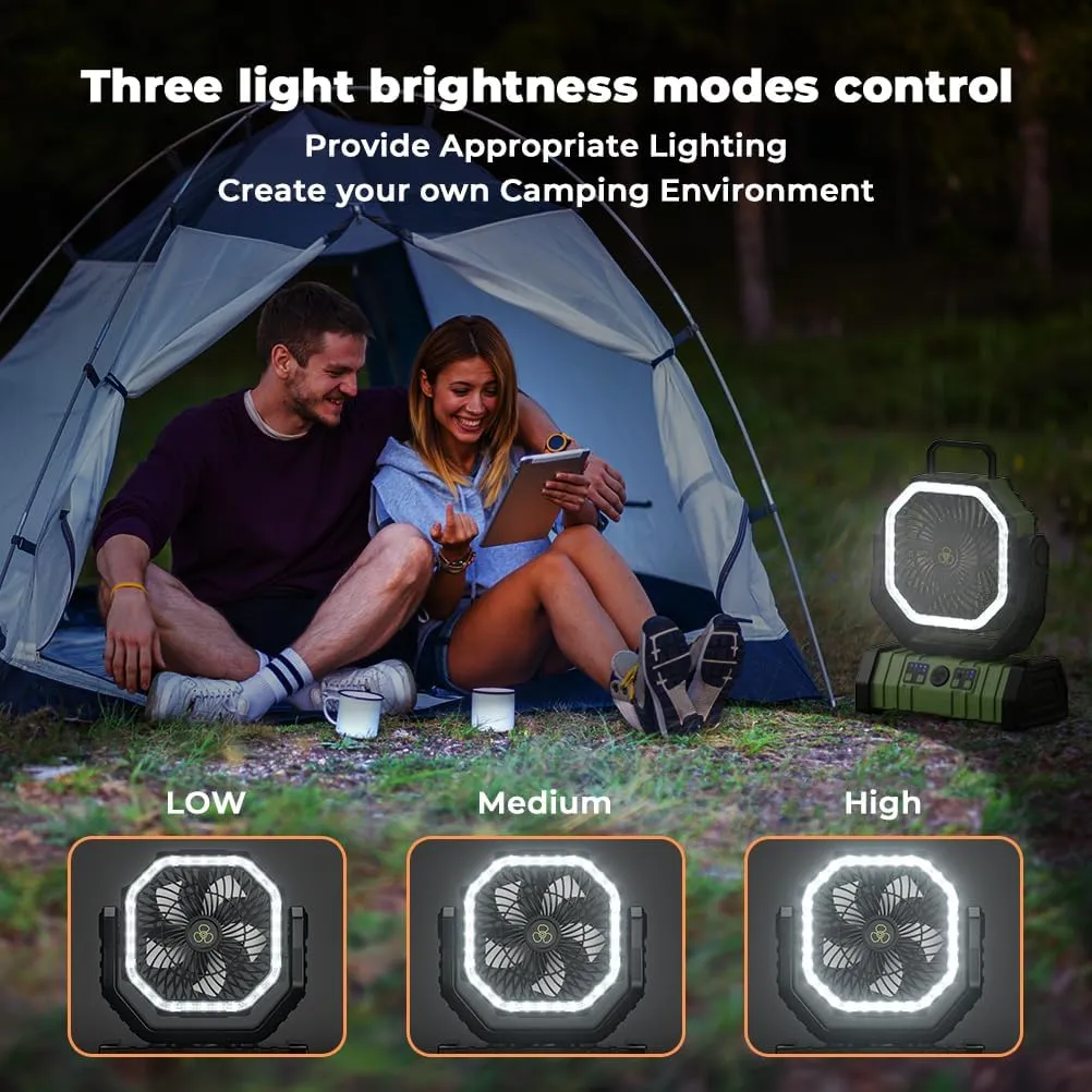 Camping Fan - 20000mAh Battery Powered Fan Rechargeable with LED Lantern - Portable Outdoor Tent Fan with Hanging Hook 4 Speeds Wind Remote Control