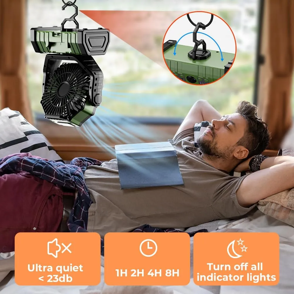 Camping Fan - 20000mAh Battery Powered Fan Rechargeable with LED Lantern - Portable Outdoor Tent Fan with Hanging Hook 4 Speeds Wind Remote Control