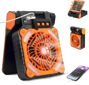 Camping Fan Rechargeable Battery Solar Fan for Outside Home with LED Lantern Solar Powered Fan Portable, Timer,4 Speeds, 90° Adjustable Solar Panel Fan 36H Run Time Max USB Charging Outdoor