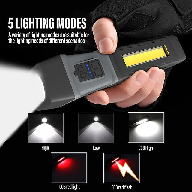 Camping Fishing LED Flashlight USB Rechargeable COB Work Lamp with Magnet Waterproof Torch Adjustable Lamp Head Powerful Lantern