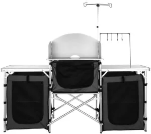 Camping Kitchen Table, Folding Outdoor Cooking Table with Storage Carrying Bag, Aluminum Cook Station 3 Cupboard & Detachable Windscreen, Quick Set-up for Picnics, BBQ, RV Traveling