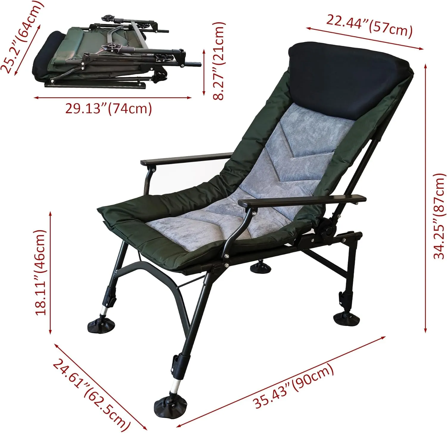 Camping Lounge Chair, Portable Folding Reclining Camping Chair with Adjustable backrest for Indoor and Outdoor Camping Beach Hiking Fishing，Green Black Grey