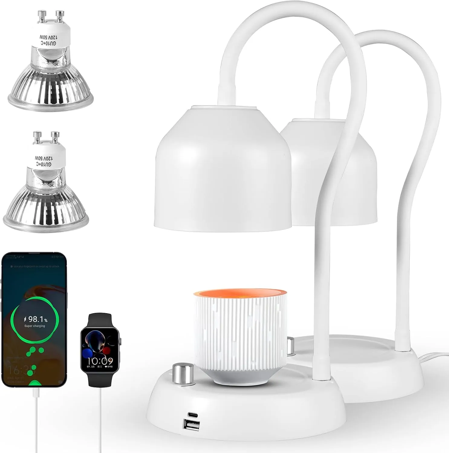 Candle Warmer Lamp, Dimmable Candle Lamp, 360°Adjustable Gooseneck Jar Candle Warmers Lantern,Compatible with Small & Large Candle, 2 Bulbs Included (White)