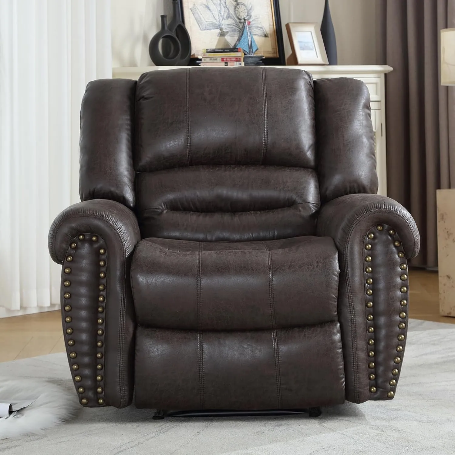 CANMOV Leather Recliner Chair, Classic and Traditional Manual Recliner Chair with Comfortable Arms and Back Single Sofa for Living Room, Dark Grey