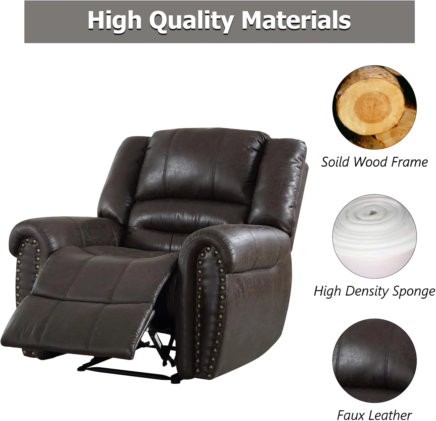 CANMOV Leather Recliner Chair, Classic and Traditional Manual Recliner Chair with Comfortable Arms and Back Single Sofa for Living Room, Dark Grey