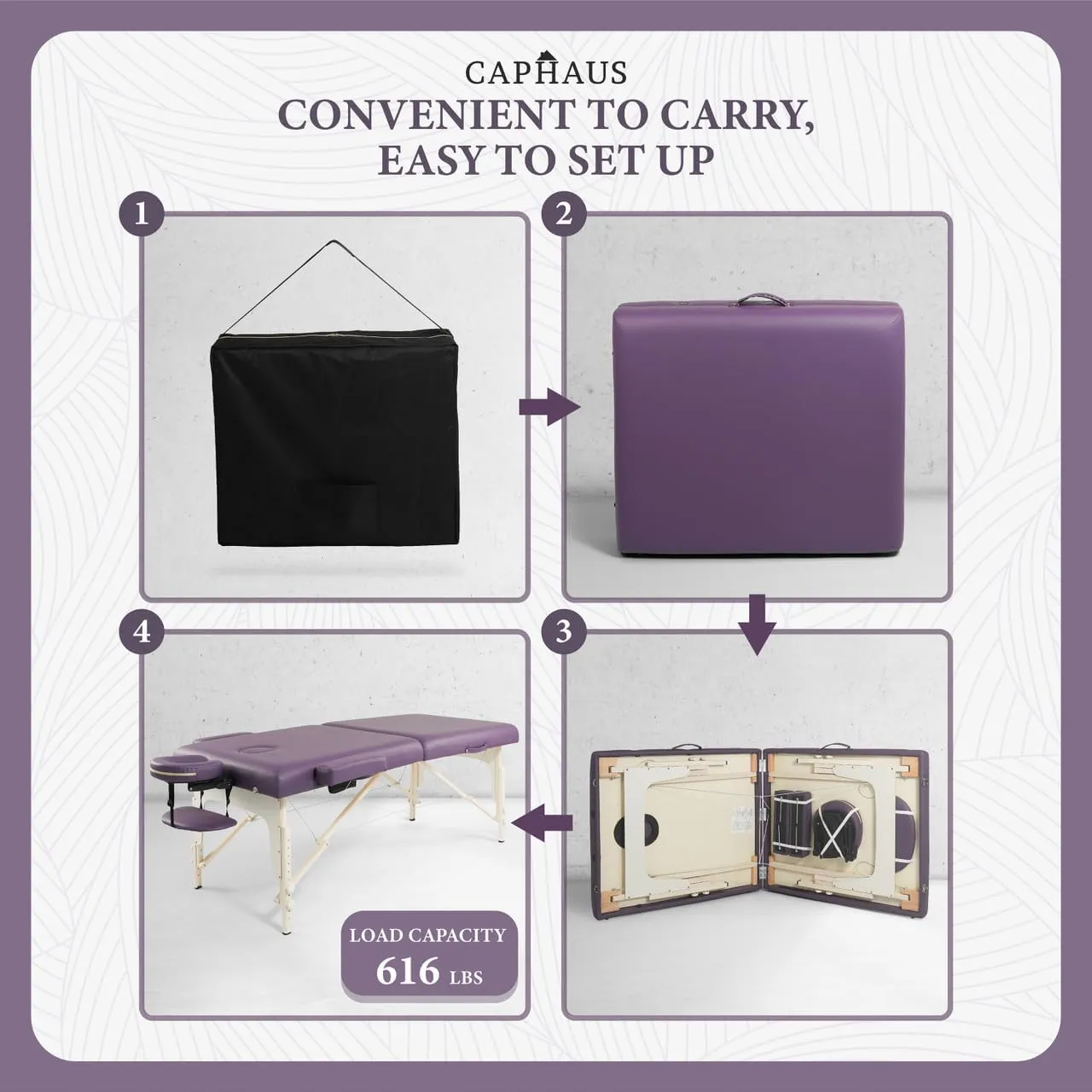 CAPHAUS Premium Memory Foam Massage Table, 84 Inch Foldable & Portable, Height Adjustable Spa Bed, Facial Cradle Salon Bed, Wooden Legs & Carry Case, 32 Inch Wide, Purple