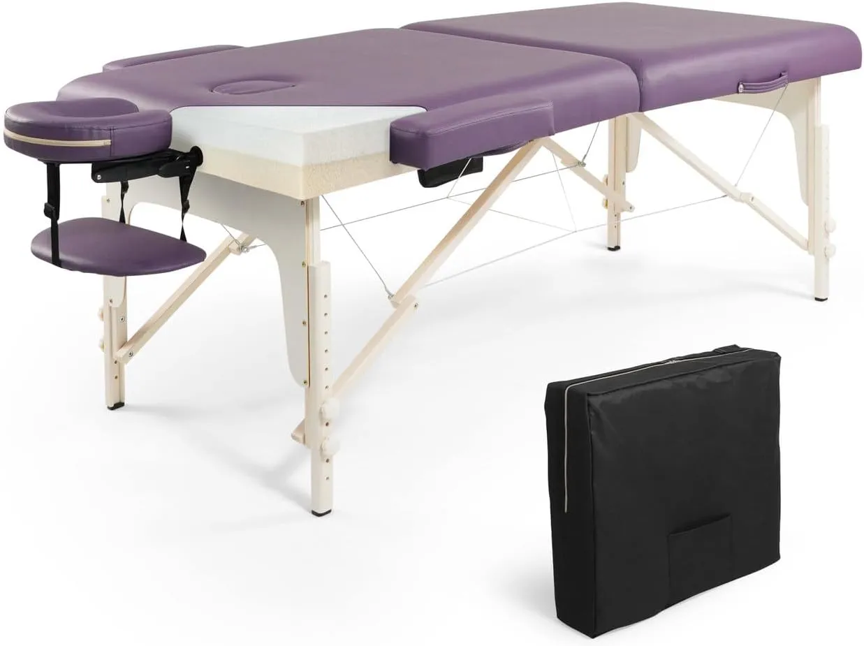 CAPHAUS Premium Memory Foam Massage Table, 84 Inch Foldable & Portable, Height Adjustable Spa Bed, Facial Cradle Salon Bed, Wooden Legs & Carry Case, 32 Inch Wide, Purple