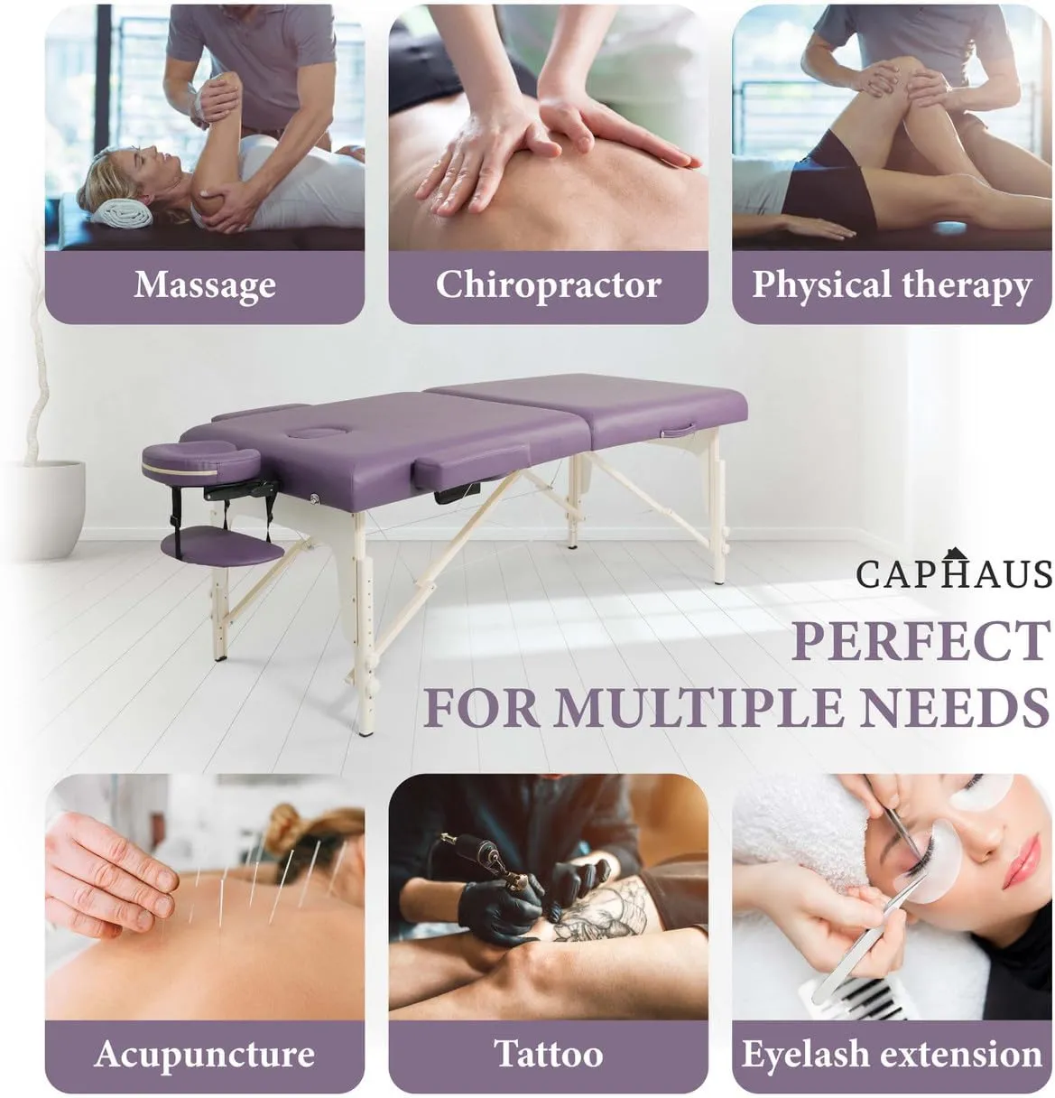 CAPHAUS Premium Memory Foam Massage Table, 84 Inch Foldable & Portable, Height Adjustable Spa Bed, Facial Cradle Salon Bed, Wooden Legs & Carry Case, 32 Inch Wide, Purple