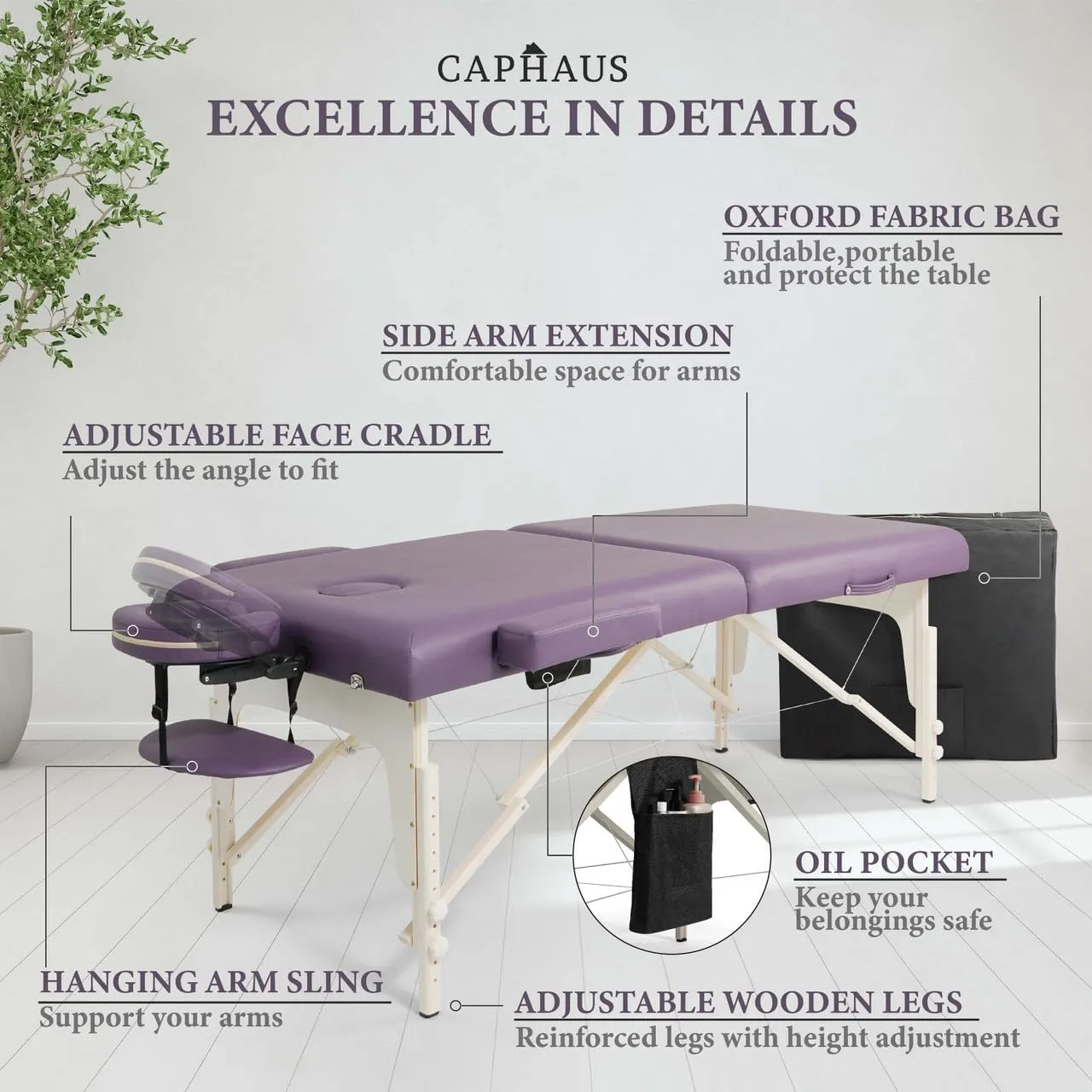 CAPHAUS Premium Memory Foam Massage Table, 84 Inch Foldable & Portable, Height Adjustable Spa Bed, Facial Cradle Salon Bed, Wooden Legs & Carry Case, 32 Inch Wide, Purple