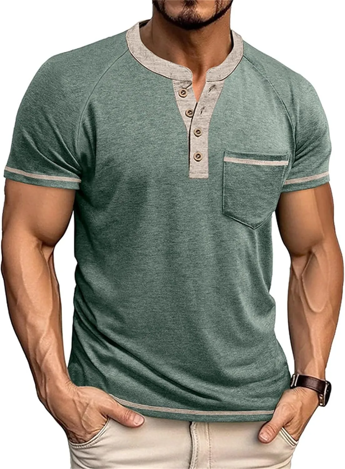 Casual Henley Shirts for Men Classic Button Up Cotton Short Sleeve T-Shirt Summer Basic Solid Lightweight Tees Tops