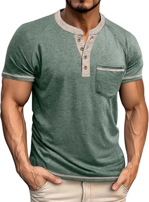 Casual Henley Shirts for Men Classic Button Up Cotton Short Sleeve T-Shirt Summer Basic Solid Lightweight Tees Tops