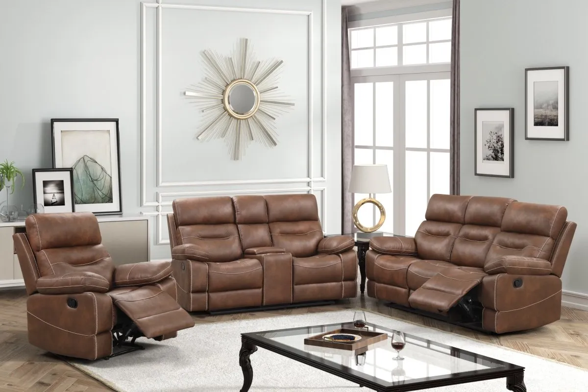 Casual Space - 3 Piece Brown Reclining Sofa Set (Loveseat with Console, 2 Cup Holders, and a Storage)