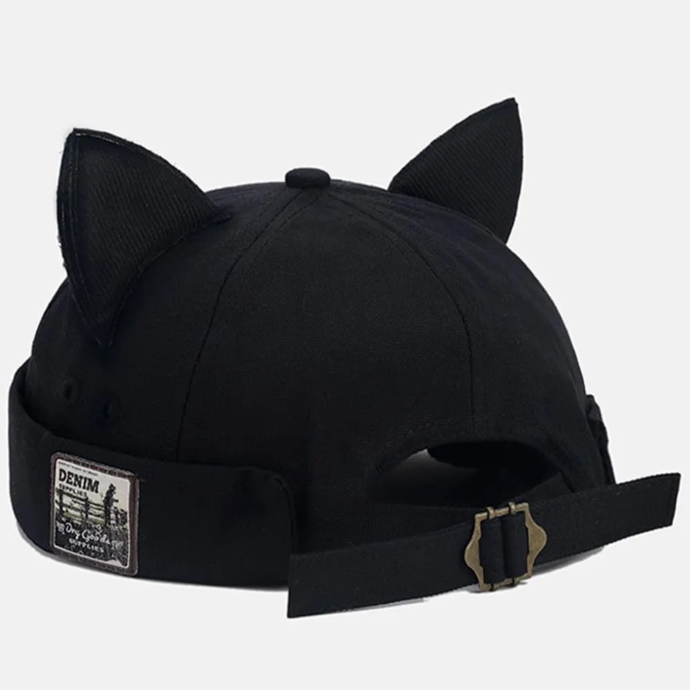 Cat Ear Docker Cap Brimless Hats Beanie for Women Men Skull Cap Worker Sailor Cap Rolled Cuff Retro Docker Hat