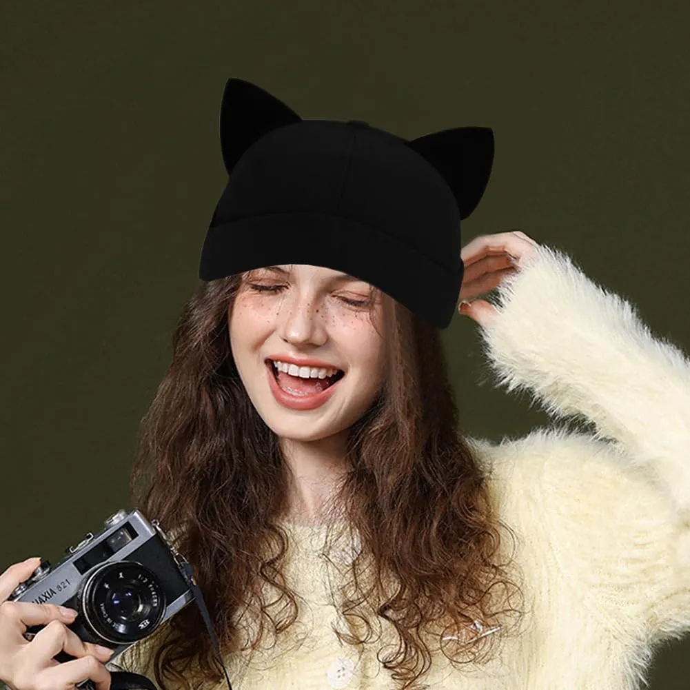 Cat Ear Docker Cap Brimless Hats Beanie for Women Men Skull Cap Worker Sailor Cap Rolled Cuff Retro Docker Hat