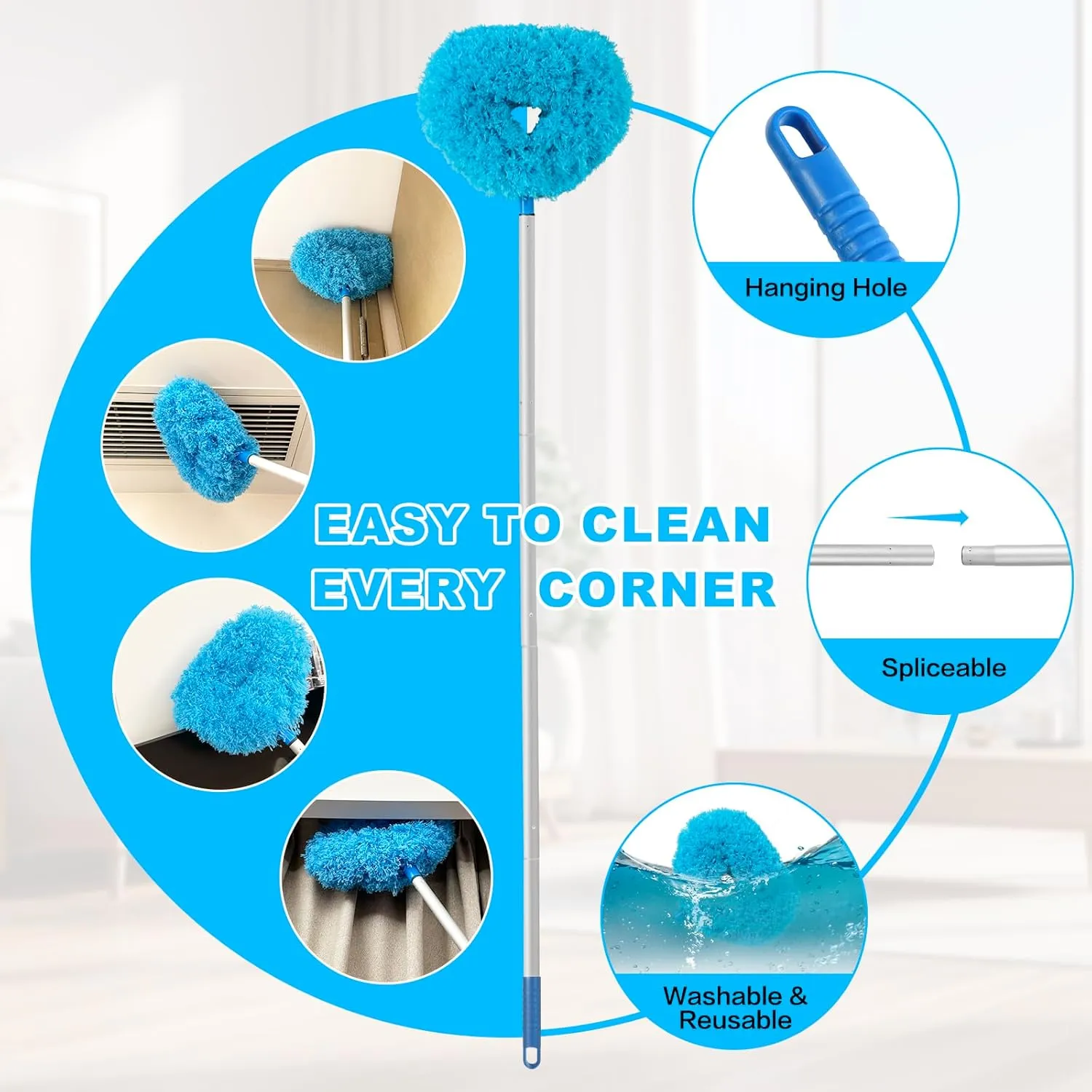 Ceiling Fan Cleaner Duster Reusable Microfiber Ceiling Fan Blade Cleaner Removable Duster with Extension Pole Adjusts 13 to 49.7 Inch for Cleaning Walls Bookshelves Furniture Door Window Top (Blue)
