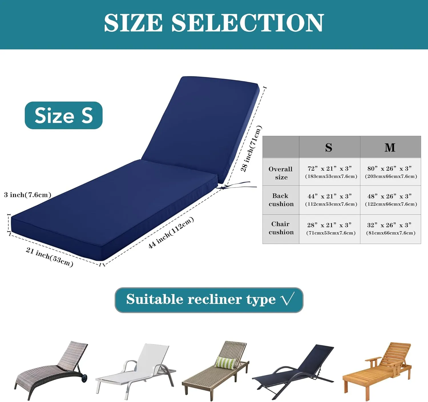 Chaise Lounge Cushion for Outdoor Furniture, Waterproof Fade and Tear Resistant Lounge Deck Chair Cushions for Patio Lawn Pool Resort Hotel, 80x26x3 Inch, Navy
